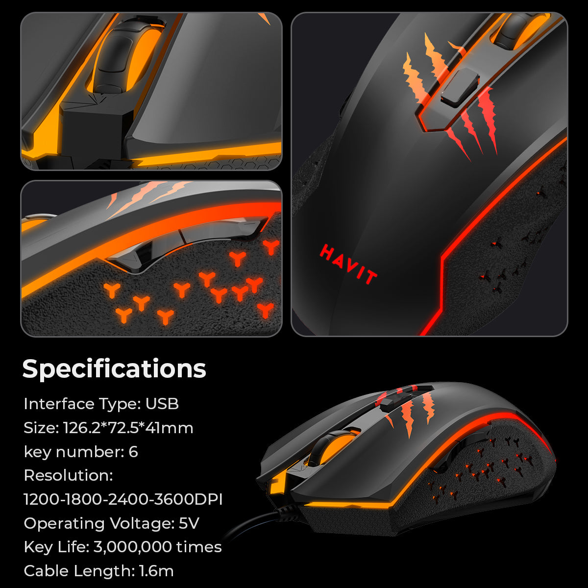 Free MS1027 RGB Lighting Wired Gaming Mouse with 4-Level Adjustable DPI