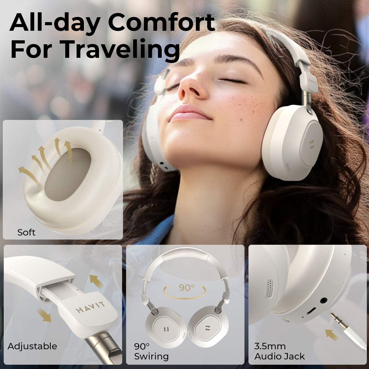 LIFE NC01H Hi-Res Foldable Active Noise Cancelling Wireless Headphones-Beige