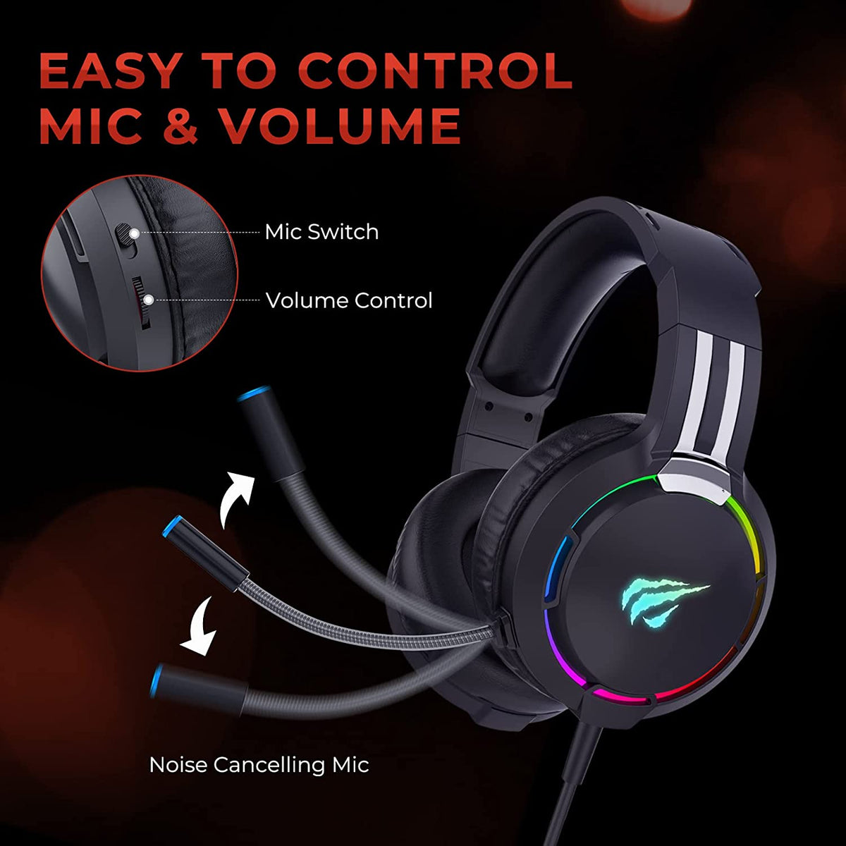 RGB Gaming Headset with Volume Control & HD Mic - HAVIT H2010D